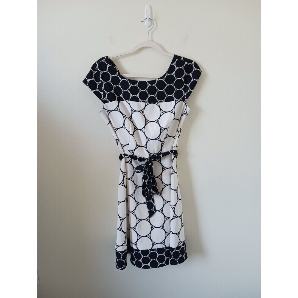 Kim Rogers Dress Womens 8 Black White Circle‎ Print Sleeveless Belted